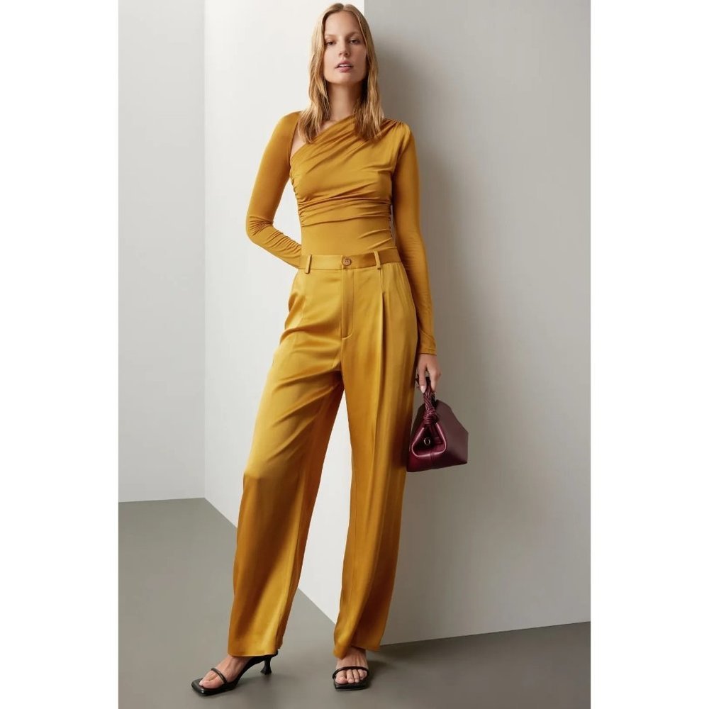 LAPOINTE Satin Pleated Pants in Yellow 2 Womens Wide Leg Trousers